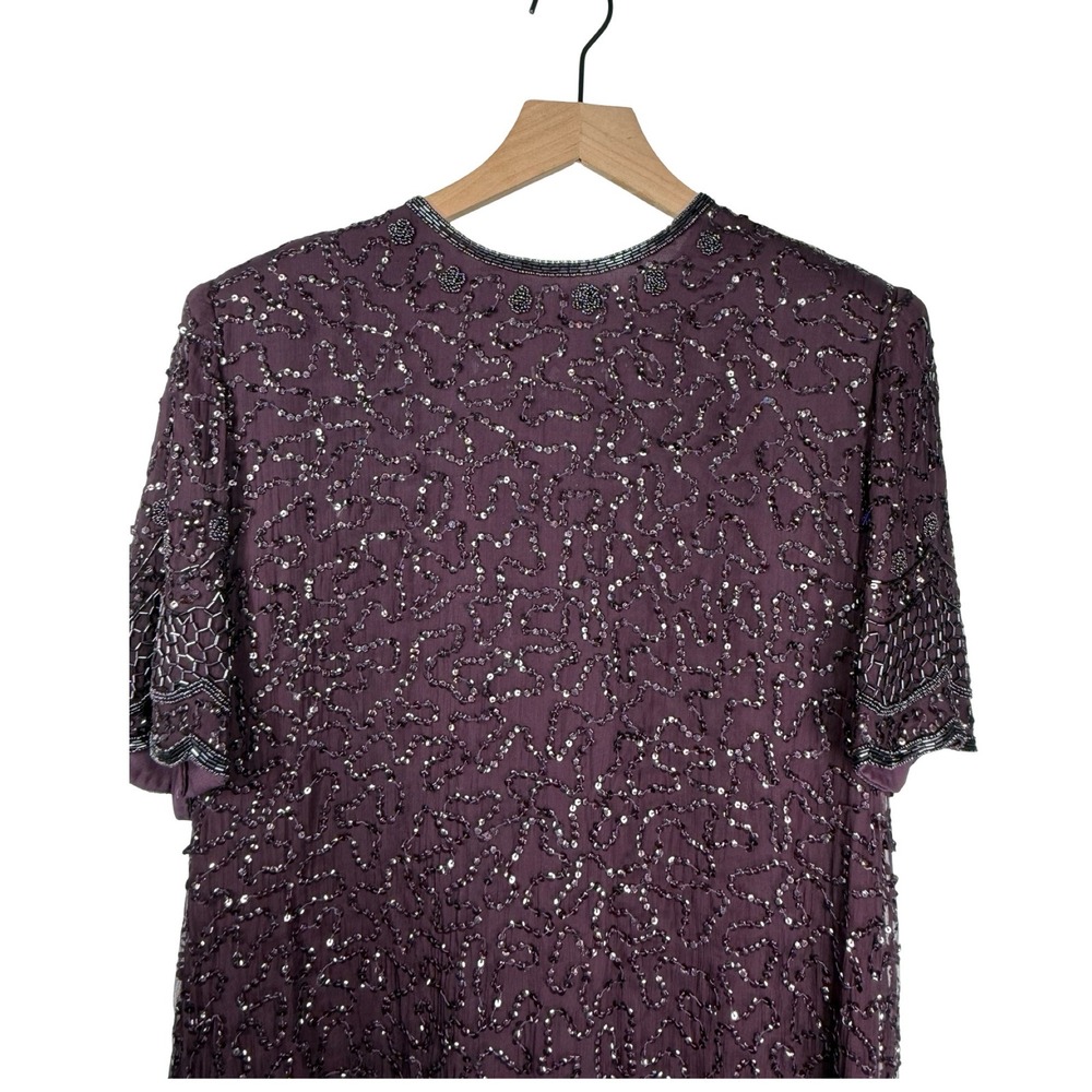 Brilliante by J.A. Beaded Silk Dress Plum Scalloped Hem Size L Vintage Style - Picture 9 of 10